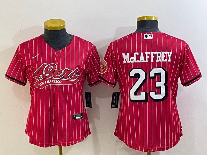 Women's San Francisco 49ers #23 Christian McCaffrey New Red With Patch Cool Base Stitched Baseball Jersey(Run Small)